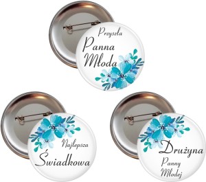 Blue Flowers - zestaw 8 szt. - przypinki na Wieczór Panieński - 56mm 
