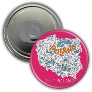 Magnes pamiątkowy okrągły 56mm | Polska | Różowa mapka
