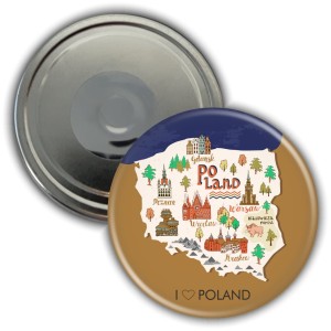 Magnes pamiątkowy okrągły 56mm | Polska | Rysunkowa mapa