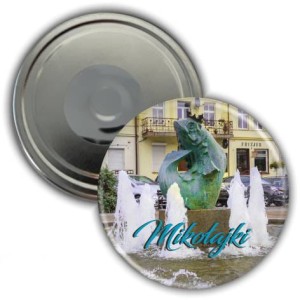 Magnes pamiątkowy okrągły 56mm | Mikołajki | Fontanna Król Sielaw