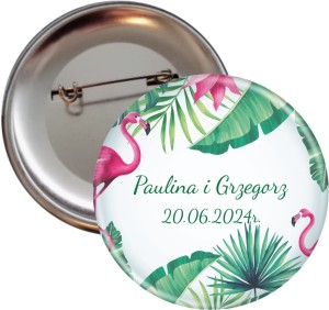 Różowe flamingi - przypinka weselna 56mm 