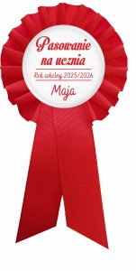 Kotylion z imieniem na pasowanie na ucznia - kolor czerwony