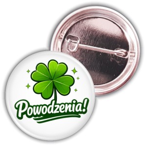 Przypinka 37mm - czterolistna koniczynka - Powodzenia! - matura - egzamin ósmoklasisty
