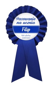 Pasowanie na ucznia - granatowy kotylion imienny