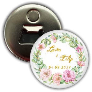 Różowy wianek - magnes weselny z otwieraczem